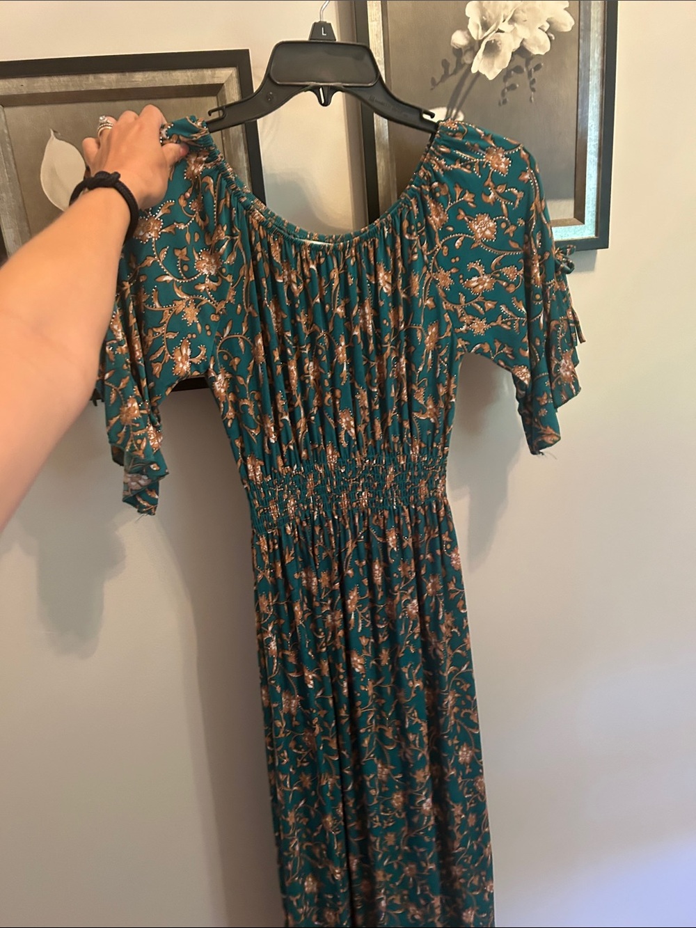 Green Floral Bedazzled Smocked-Waist Maxi Dress